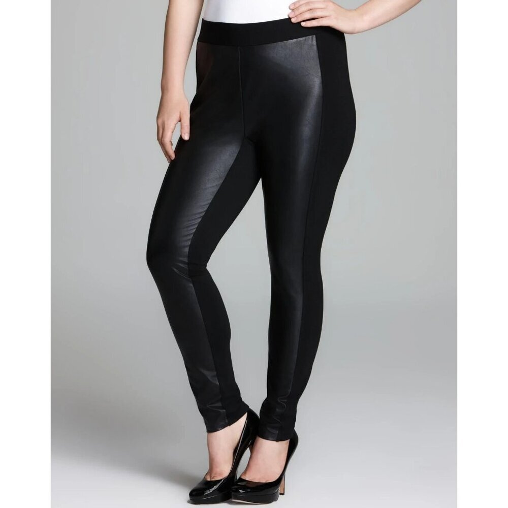 NYDJ Plus Faux Leather Front Leggings Black Pull On Stretch Goth Lift Tuck Sz 14
